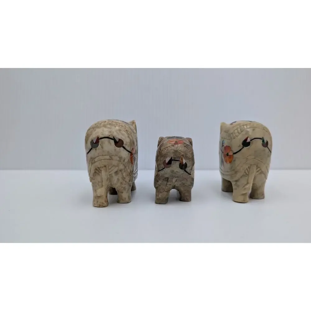 Set of 3 Inlaid Stone Marble (?) Elephants Floral Figurine Lot